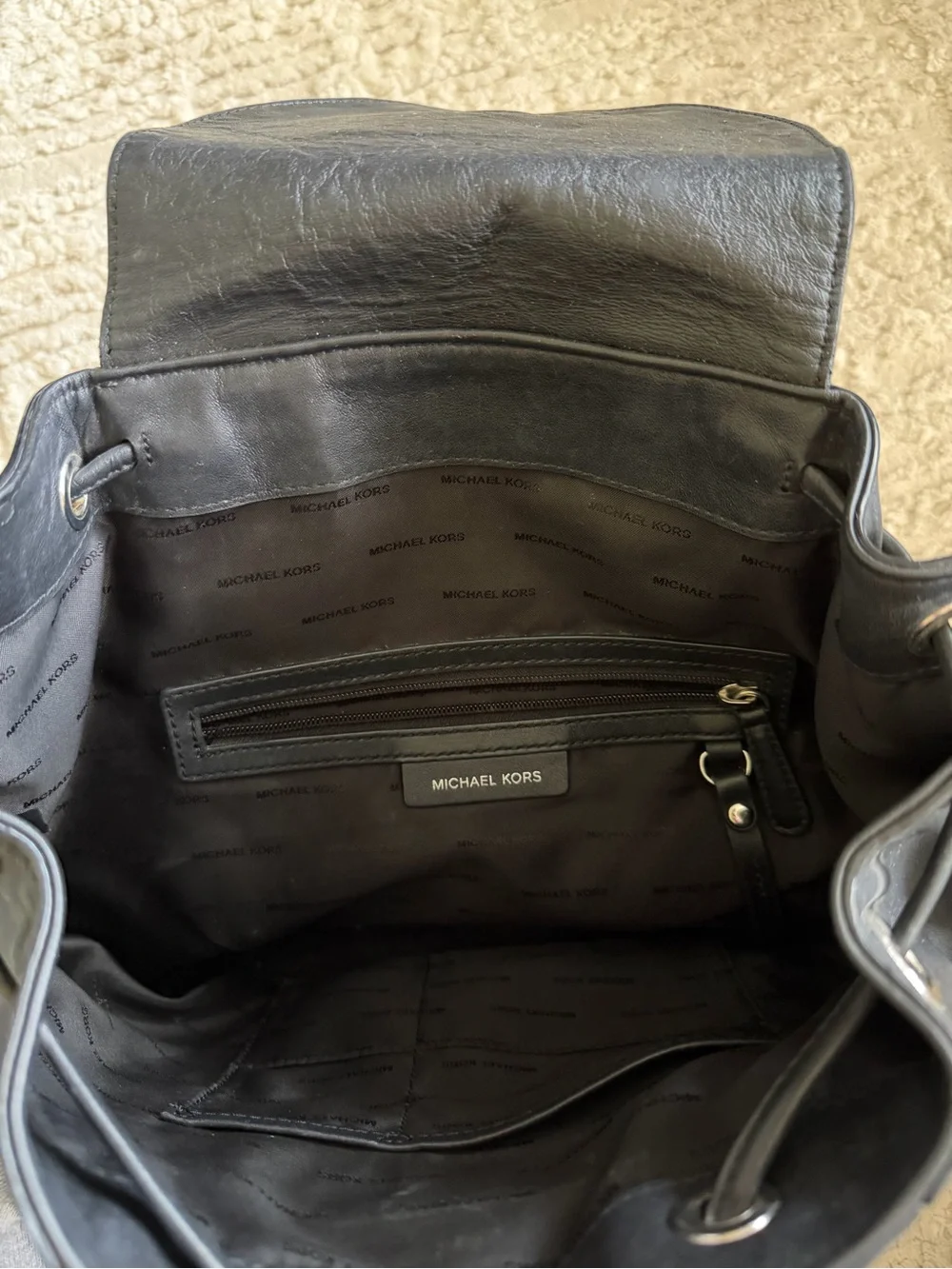 Michael Kors Black Leather Chain-Trim Drawstring Backpack